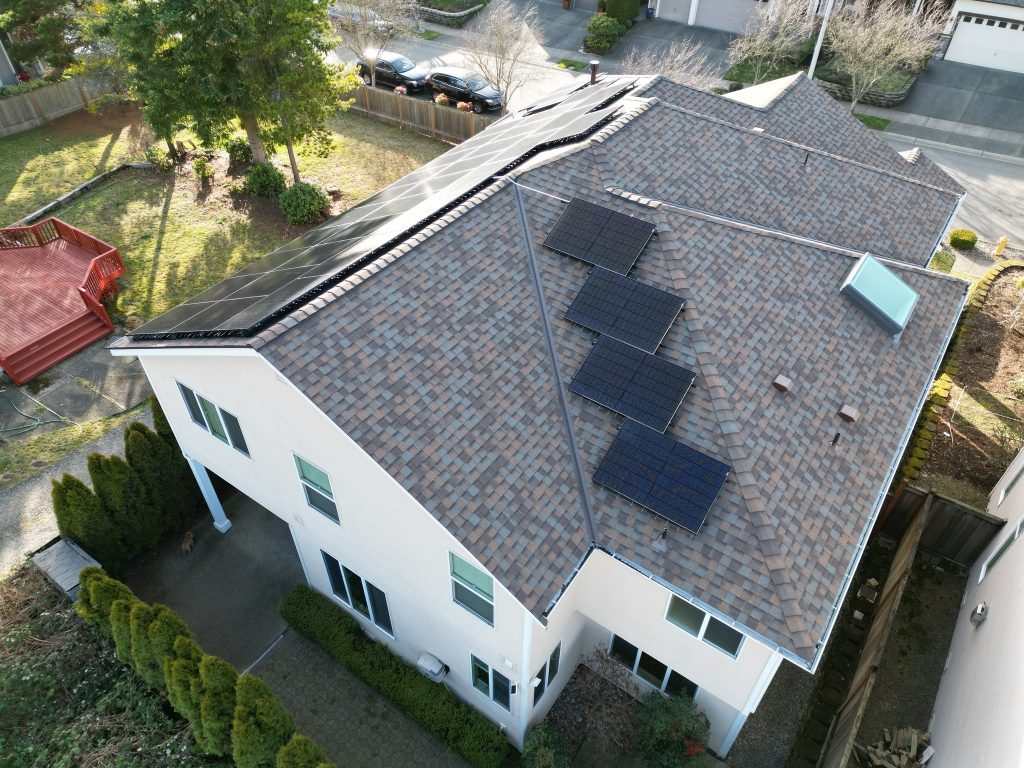 Bothell solar and energy storage installation with 35 Solaria PowerX 400R solar panels installed on a residential roof