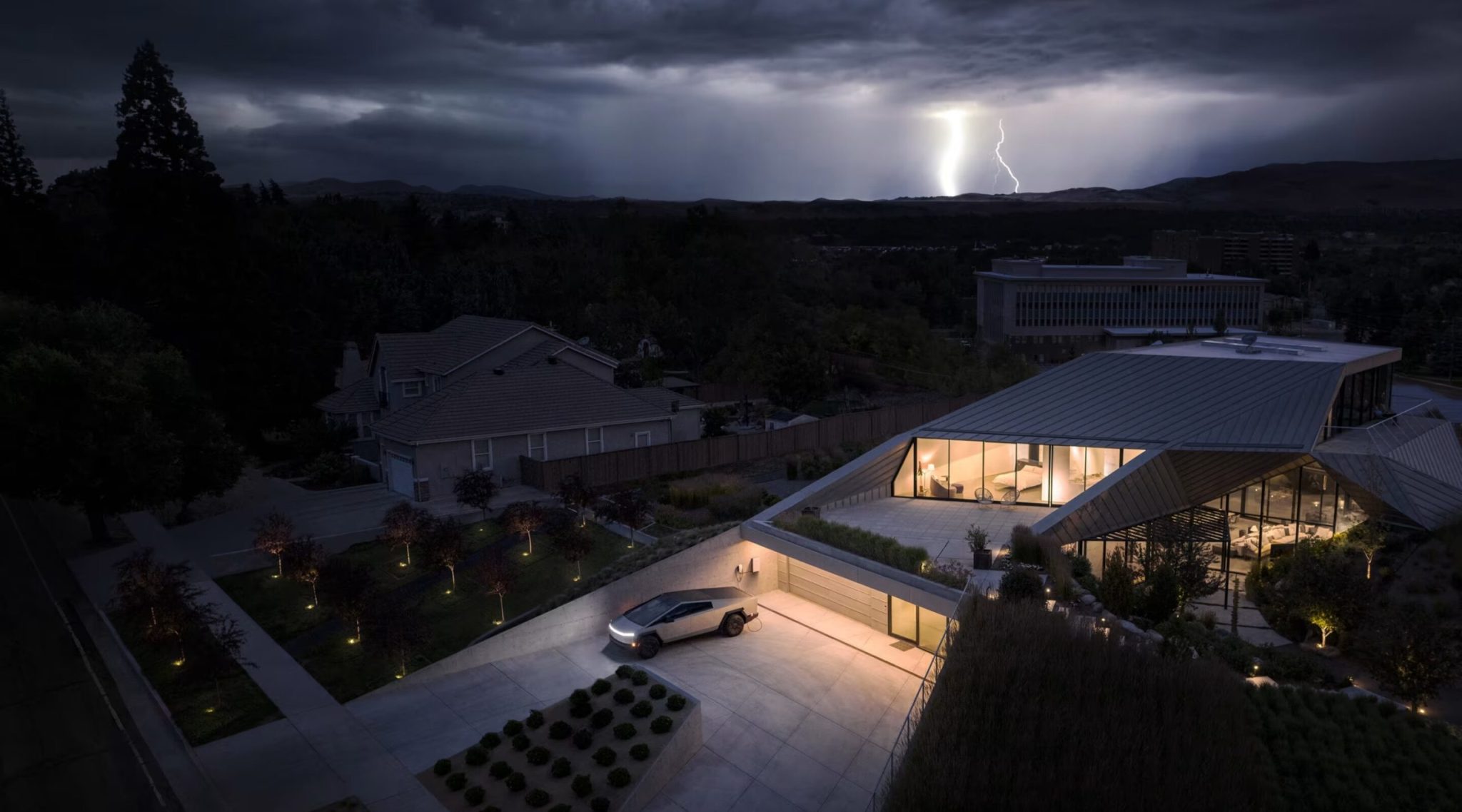 Cybertruck powering a modern home with Tesla PowerShare
