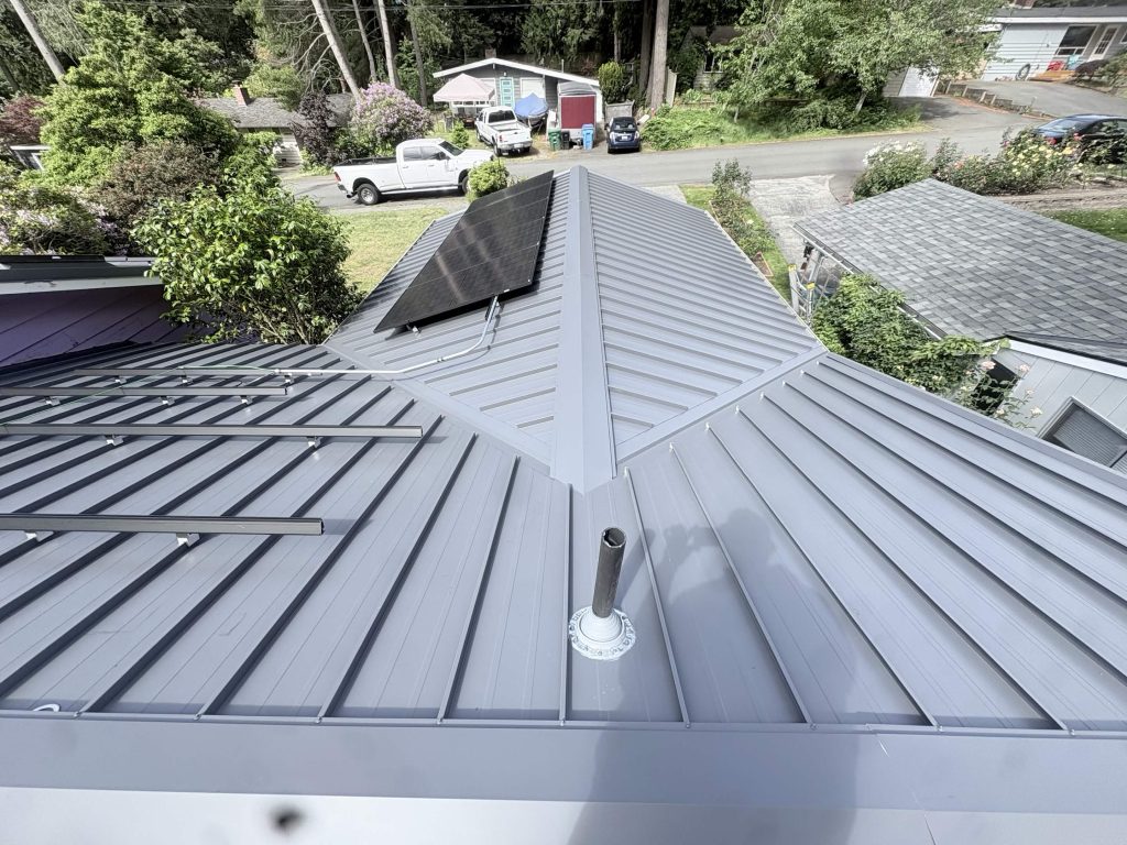 Overhead view of Nu-Ray standing seam metal roof with CertainTeed Solstice 450W solar panels in Shoreline, WA