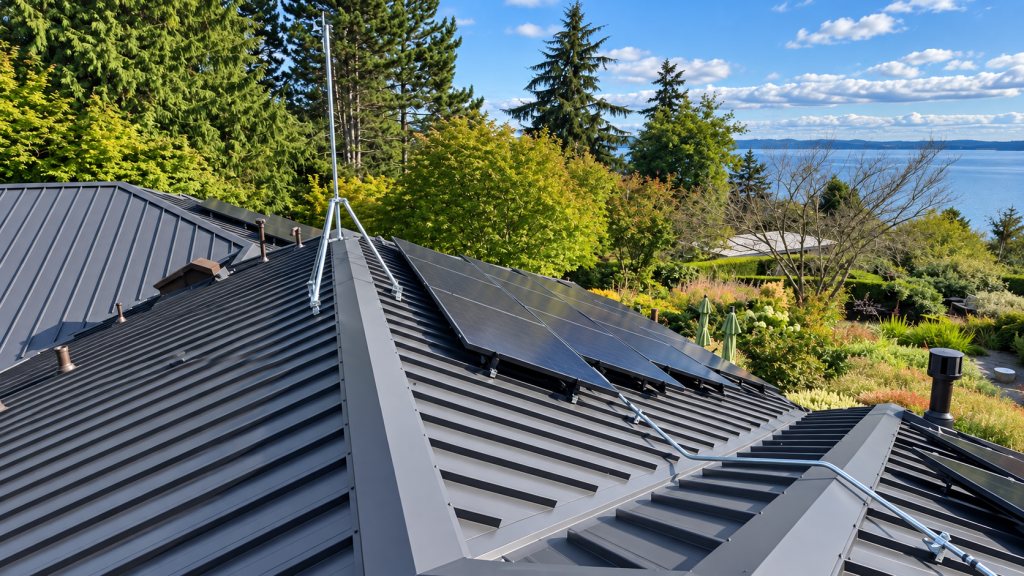 Solar array on a dark bronze Nu-Ray Series 2000 standing seam metal roof with trees and sky in West Seattle, WA