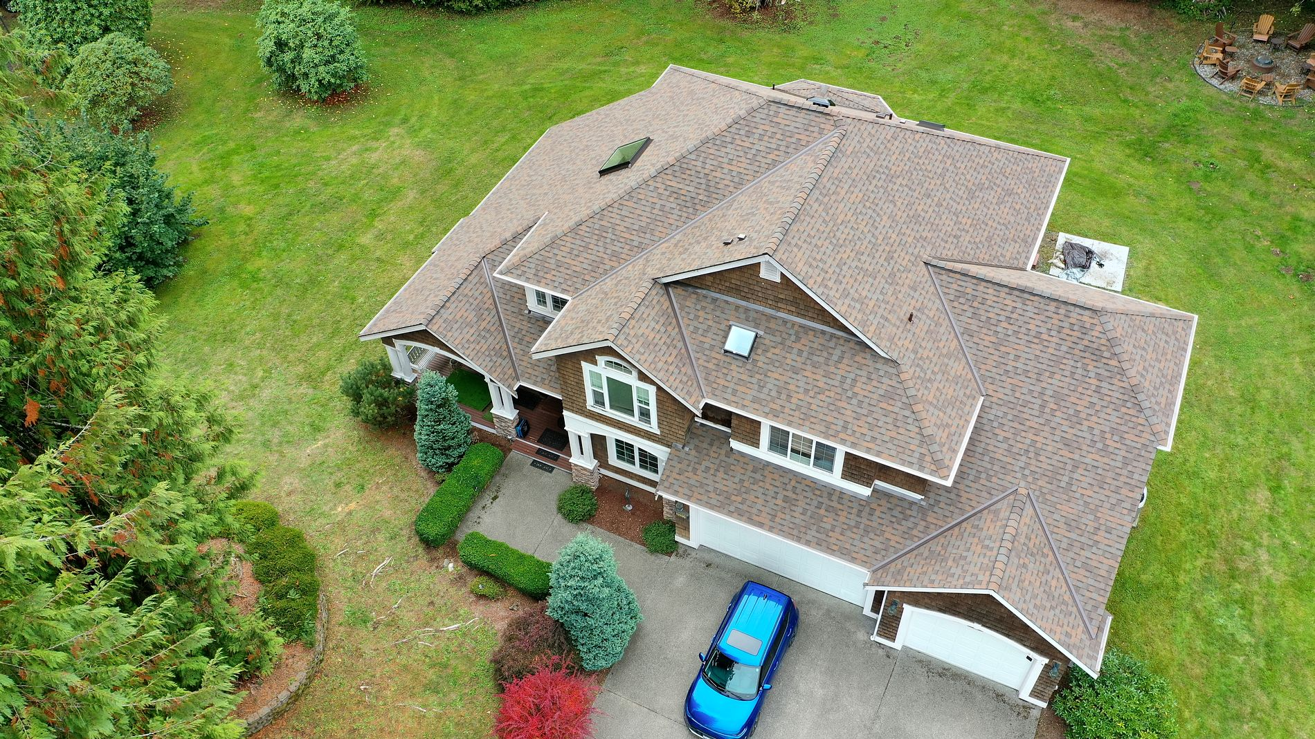 Aerial view of completed CertainTeed NorthGate Climate Flex roof replacement in Maltby, Snohomish WA