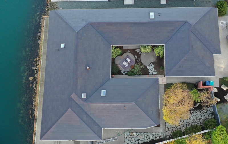 Top-down view of the completed Tesla Solar Roof in Anacortes, WA